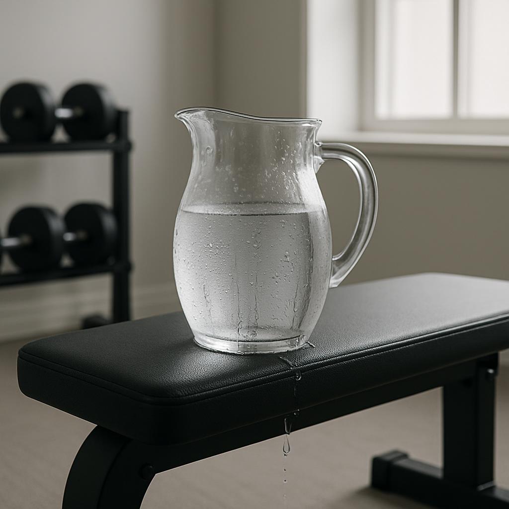 A glass pitcher of water sits on a black weight bench in a gym, surrounded by other equipment, evoking an atmosphere of hy...
