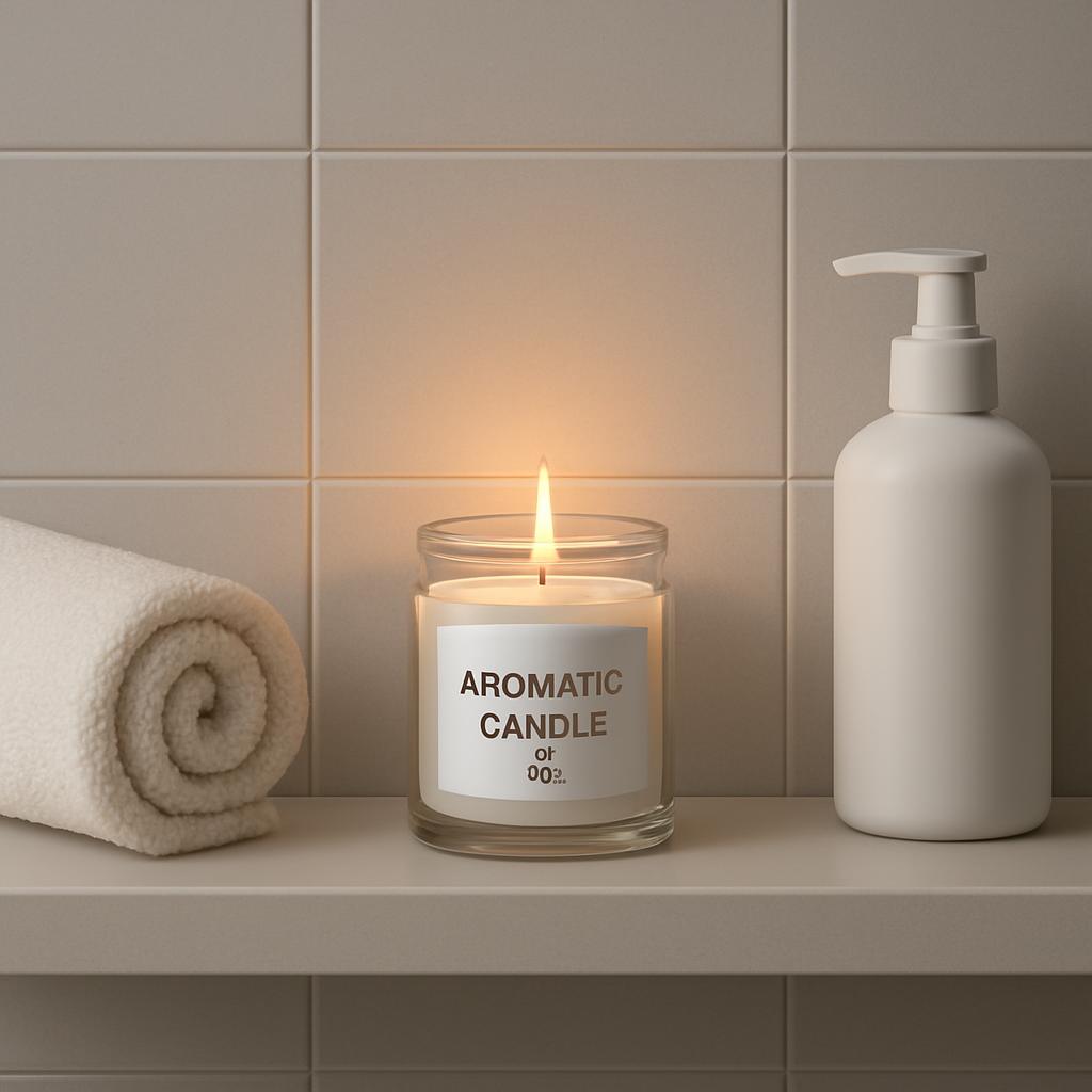 A light-colored shelf holding a rolled up towel on the left, a lit candle in the center and a hand soap on the right, all ...