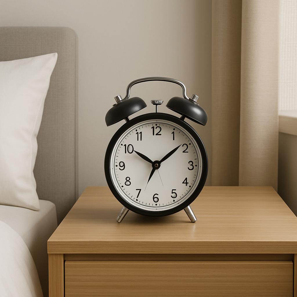 A black and white analog alarm clock is on a bedside table, surrounded by neutral-colored lights. The clock's black frame ...