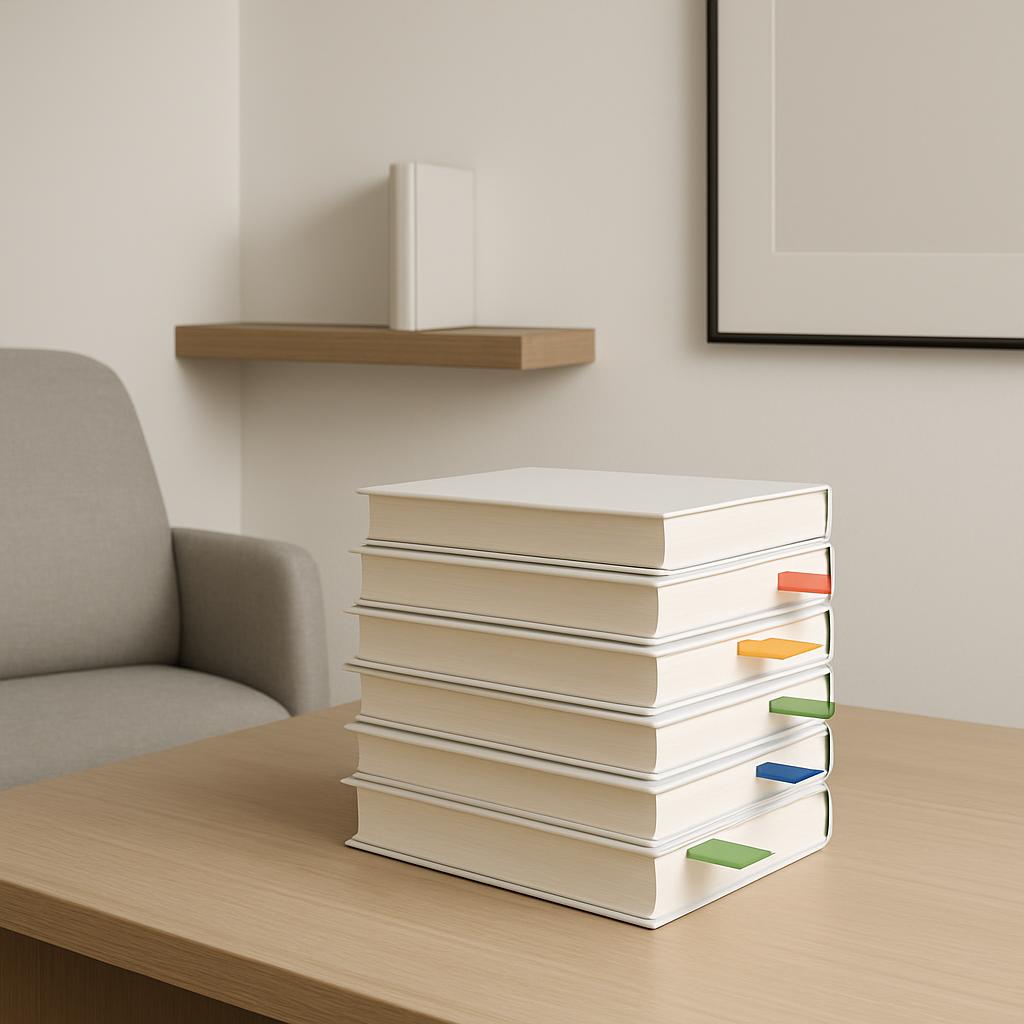 A stack of blank white books on a light wooden desk with a gray chair and small shelf against the wall in the background.