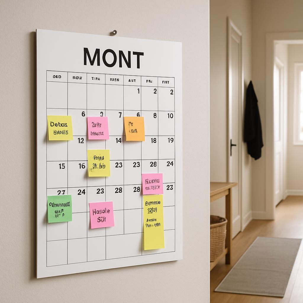 Calender with sticky notes on it in a hallway.