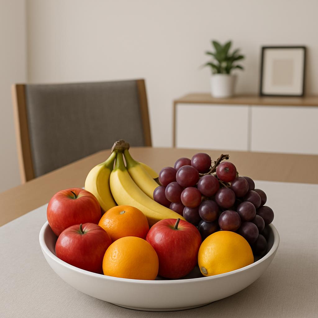 A bowl of various fruits is placed on a table to display its visual appeal. The fruits in the white bowl include bananas, ...