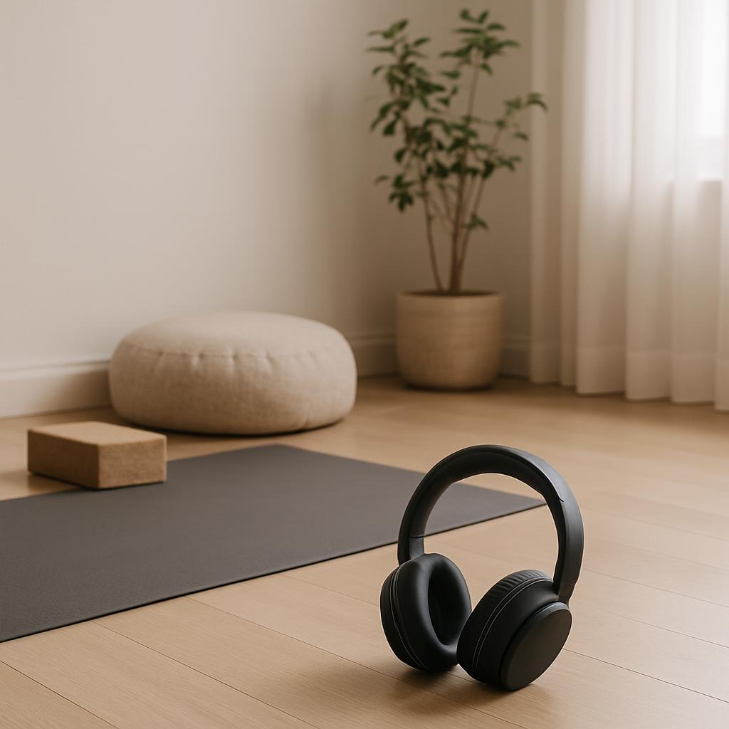 A room with a yoga mat, plants and a pair of headphones lying on the floor. The room is well lit and has a carpeted floor....
