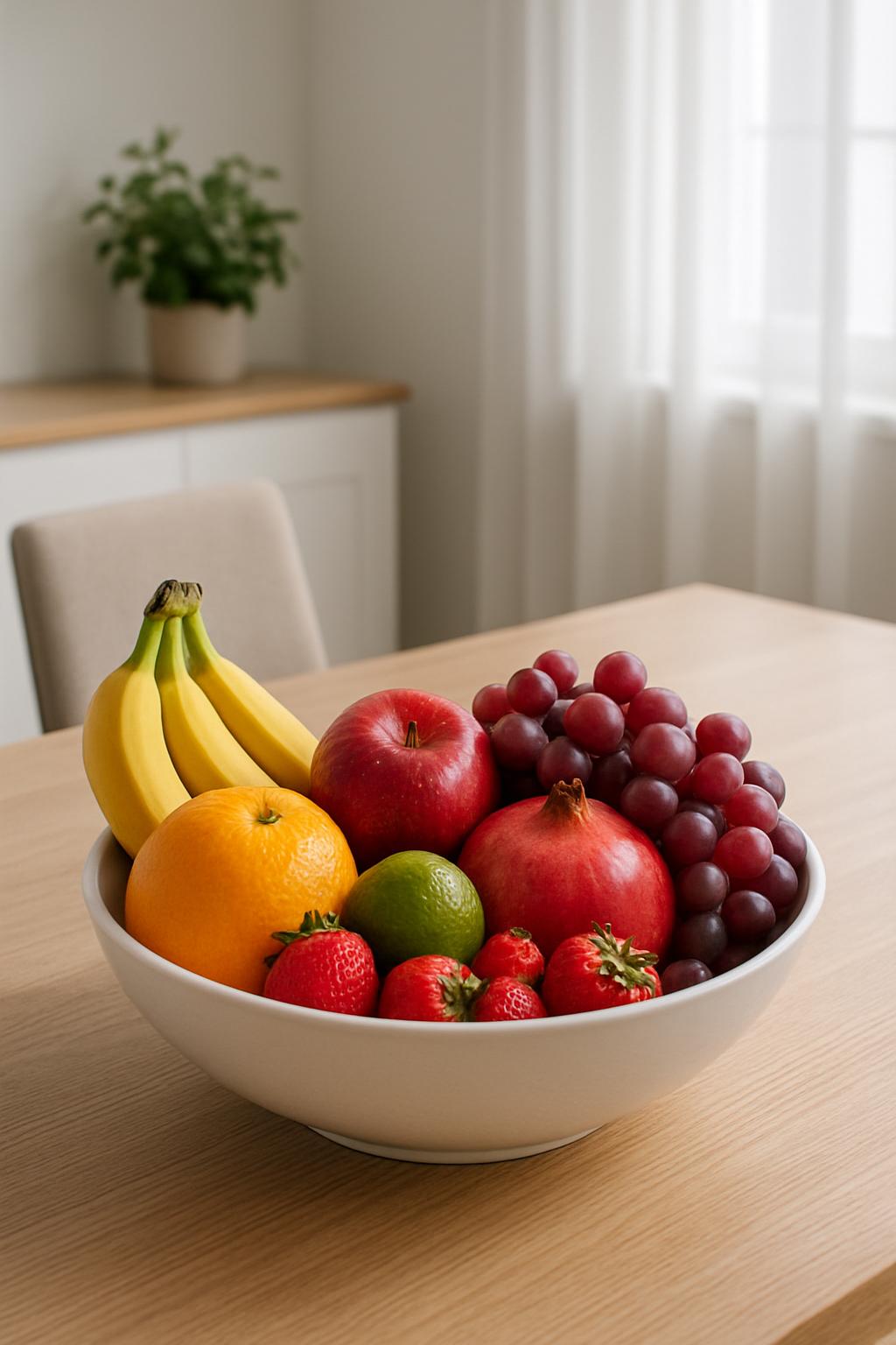 A white porcelain or ceramic bowl filled with various fruits, including bananas, grapes, strawberries, and a pomegranate s...